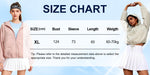 Venzina women's sun protection jacket size chart showing bust, sleeve, length measurements with two models displayed on blue background