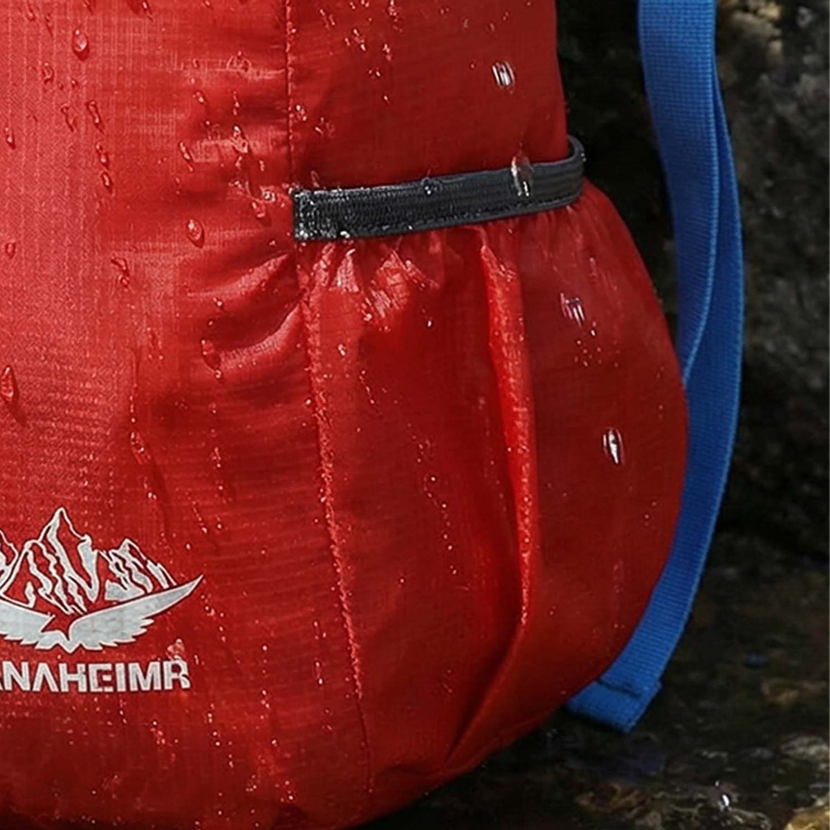 Water resistant fabric and logo detail on Venzina foldable lightweight backpack