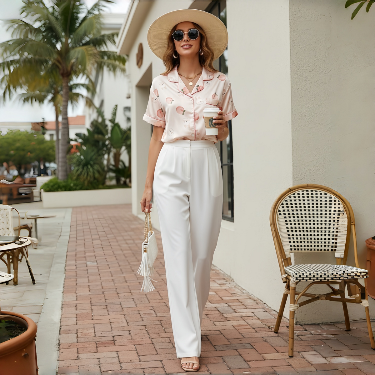 Woman wearing a pink satin night suit styled for casual outdoor wear, walking on a sidewalk