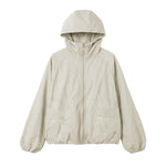sun protection jacket women laid flat front view, beige hooded zip jacket showing full structure and sleeve shape on white background