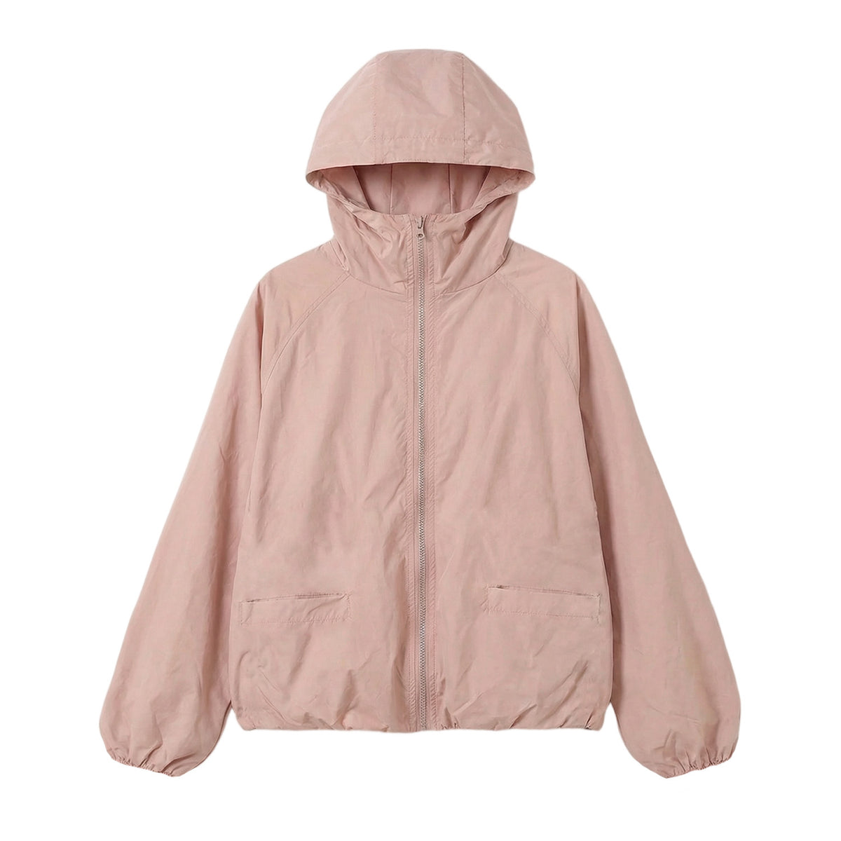 sun protection jacket women laid flat front view, soft pink hooded zip jacket showing full silhouette and elastic cuffs on white background