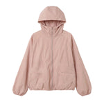 sun protection jacket women laid flat front view, soft pink hooded zip jacket showing full silhouette and elastic cuffs on white background