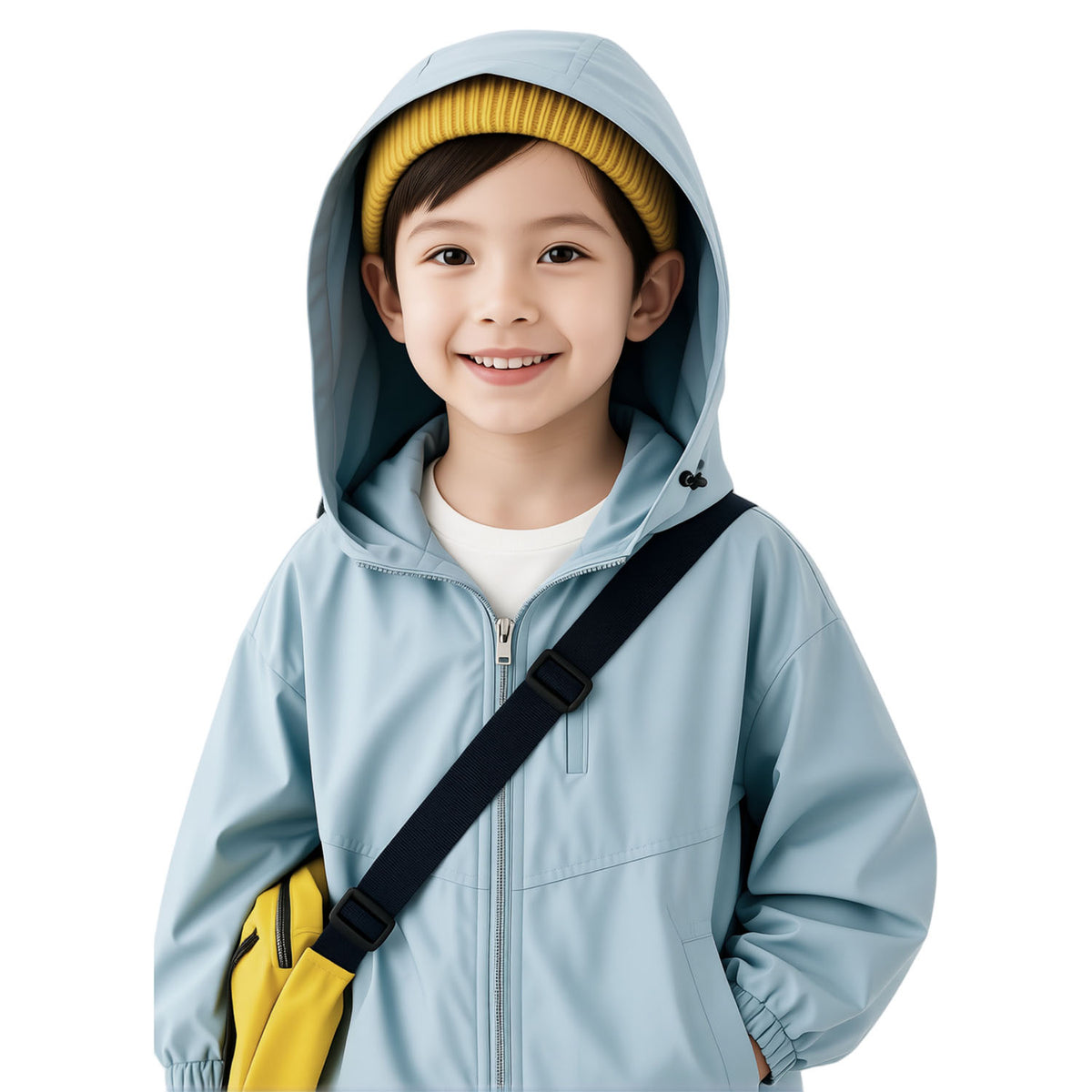 Smiling boy wearing a light blue hooded kids outdoor jacket with yellow backpack — breathable windbreaker jacket close-up on white background.