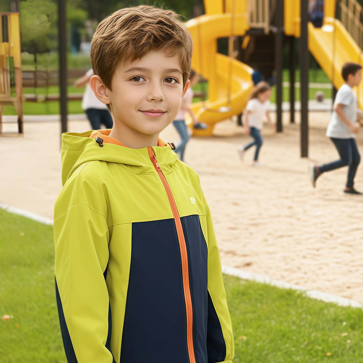 Venzina boy wearing yellow and navy waterproof hooded windbreaker at playground