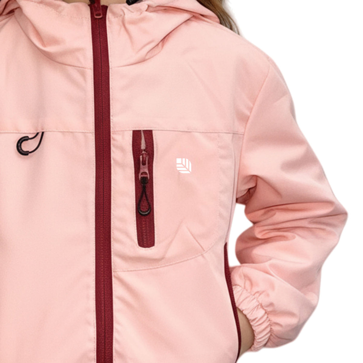 Close-up of pink Venzina waterproof hooded windbreaker jacket showing red zipper, pocket, and logo detail on white background