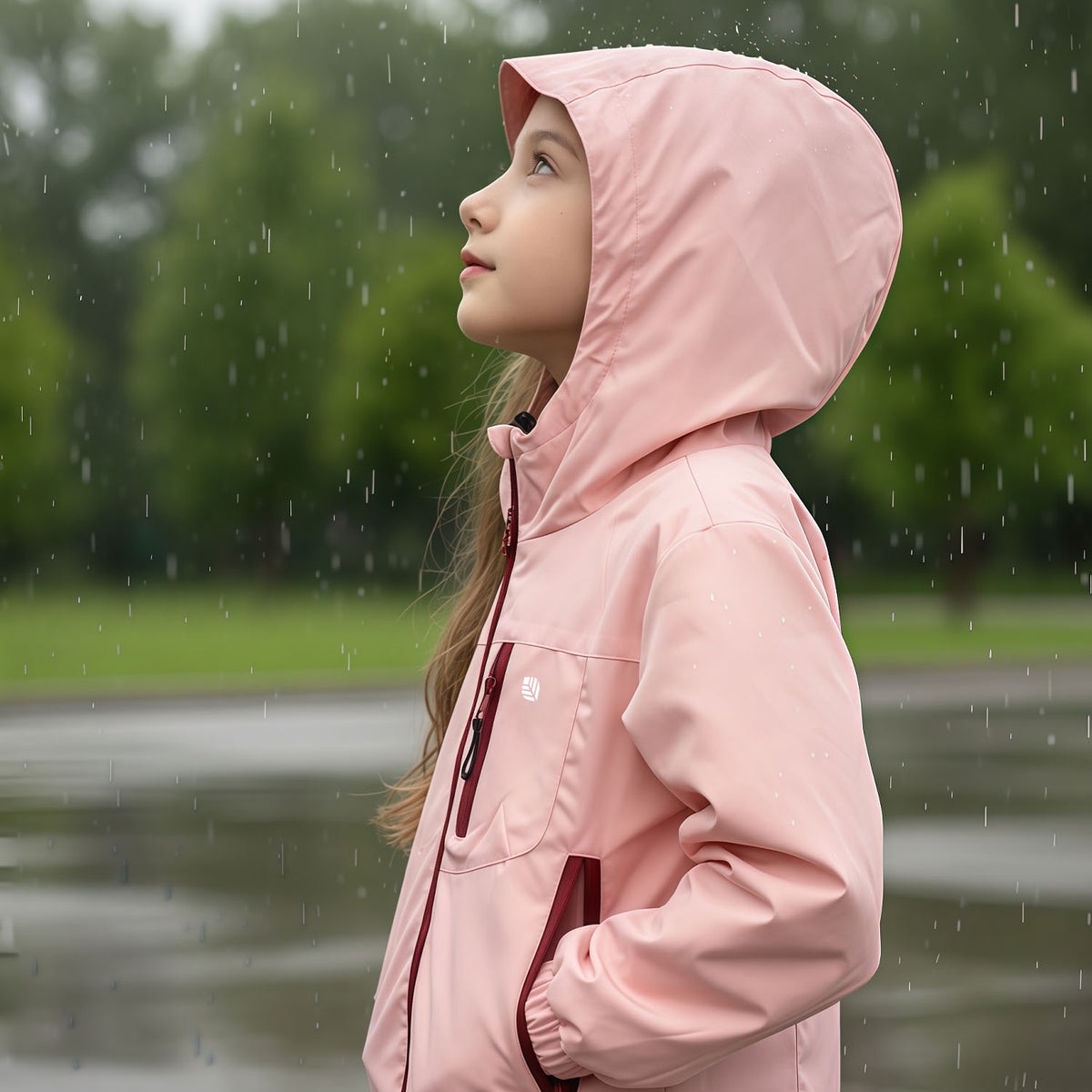 Girl wearing pink Venzina waterproof hooded windbreaker jacket with red zipper, standing in the rain with blurred green background