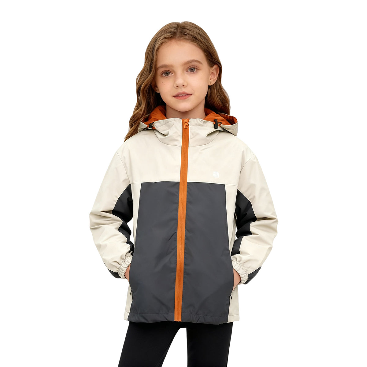 Venzina girl wearing waterproof windproof hooded jacket front view on white background