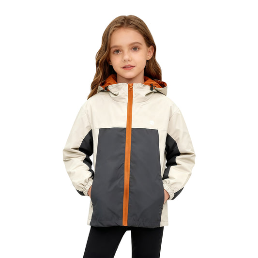 Venzina girl wearing waterproof windproof hooded jacket front view on white background