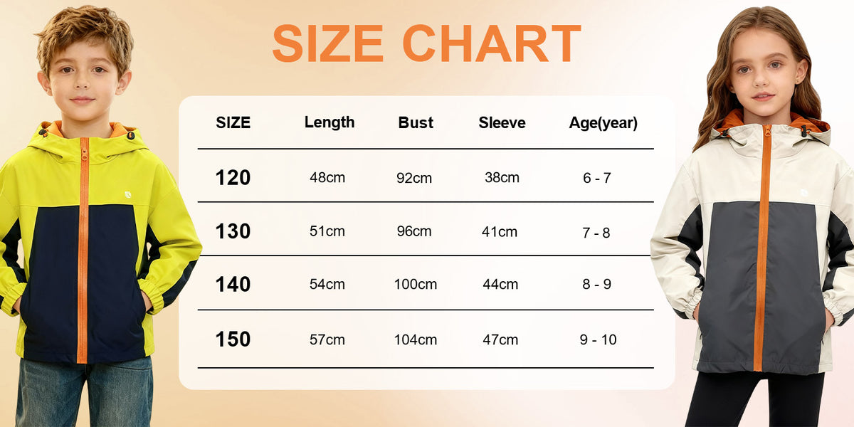 Venzina kids windbreaker size chart with boy and girl wearing jackets