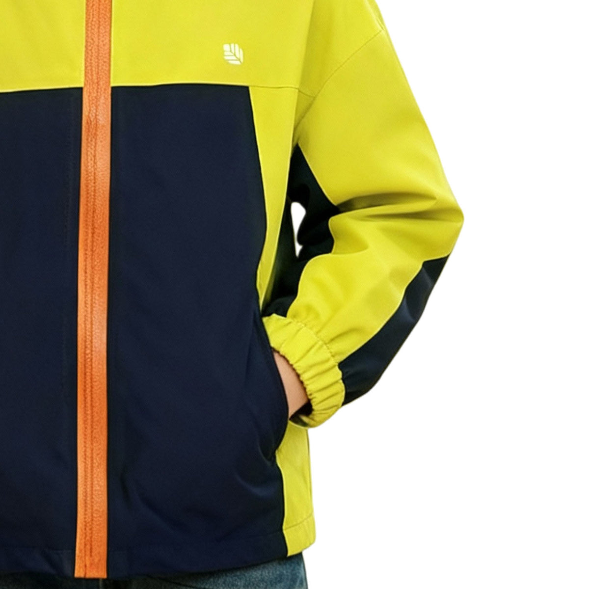 Close-up of Venzina waterproof yellow and navy color-block windbreaker with orange waterproof zipper detail